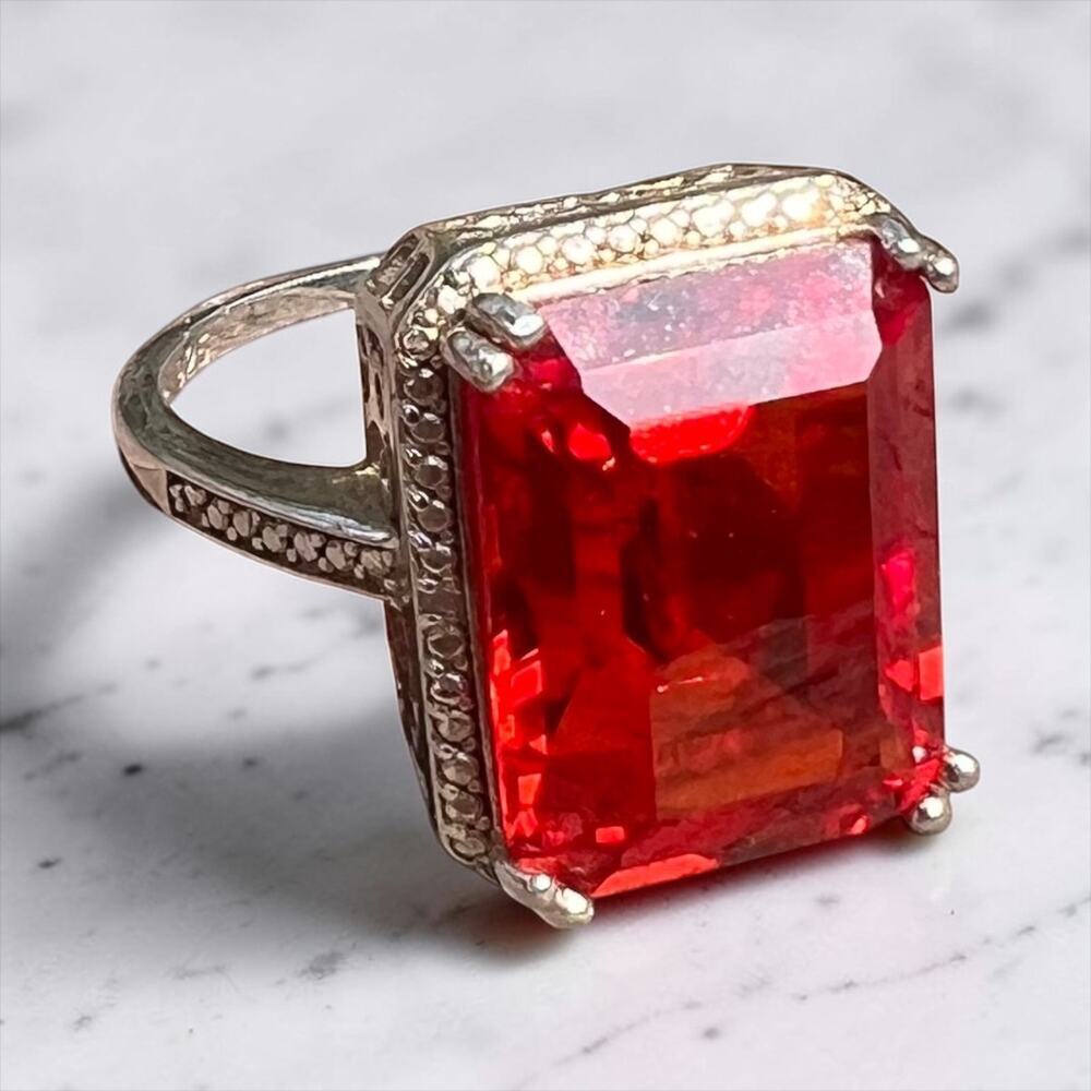 Sterling Silver Orange/Red Emerald Cut Ring Statement Bold Vintage Style 8.75 - Picture 4 of 8